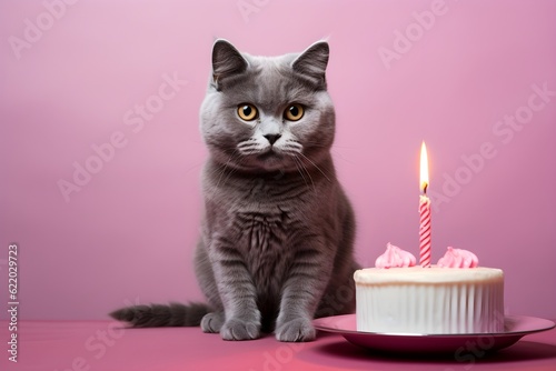 a gray cat sitting with a cake with one candle on the pink bakground