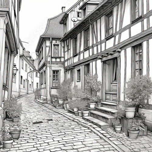 A cobblestone street with potted plants and half-timbered building.  Generative AI 