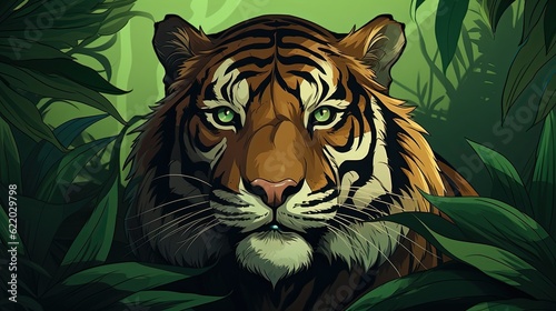 Green leaves in the background frame a tiger s close-up face.  Illustration  Generative AI 