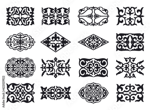 Set of 16 islamic black ornaments on background in vector. Asian new year gold decorative traditional oriental symbols. Circular ornamental arabic symbols. Abstract Asian elements of the Kazakhs