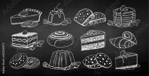 Chalk sketh vector illustration collection of desserts and bakery on chalkboard background photo
