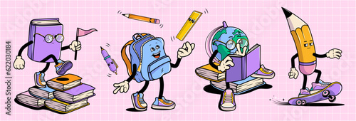  Back to school vector stickers set with walking funny cute comic characters. Lettering illustration for t-shirt print. Too cool for school, educational creativity supplies. Vector illustration.