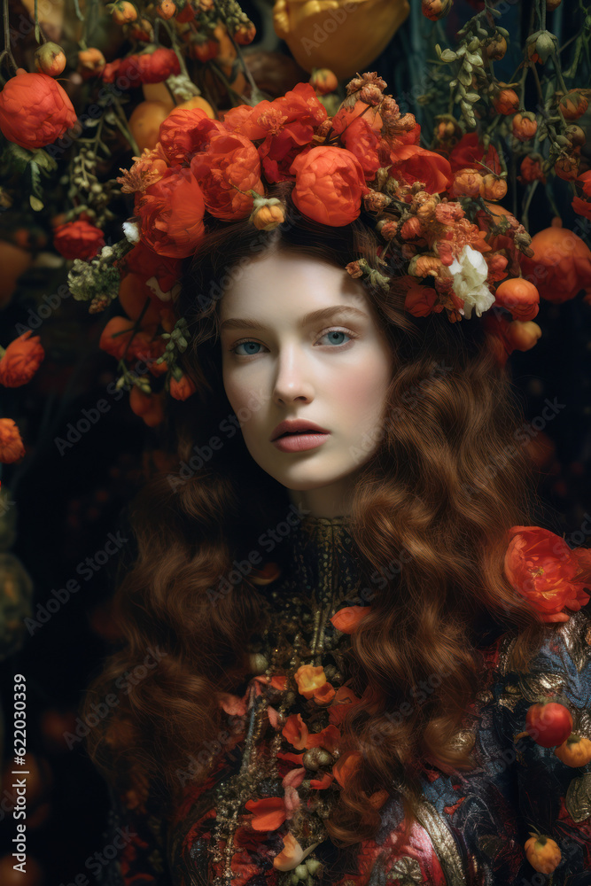 portrait of a woman/model/book character surrounded by flowers in daylight with a thoughtful expression in a fashion/beauty editorial magazine style film photography look - generative ai art portrait of a woman/model/book character surrounded by flowers in daylight with a thoughtful expression in a fashion/beauty editorial magazine style film photography look - generative ai art