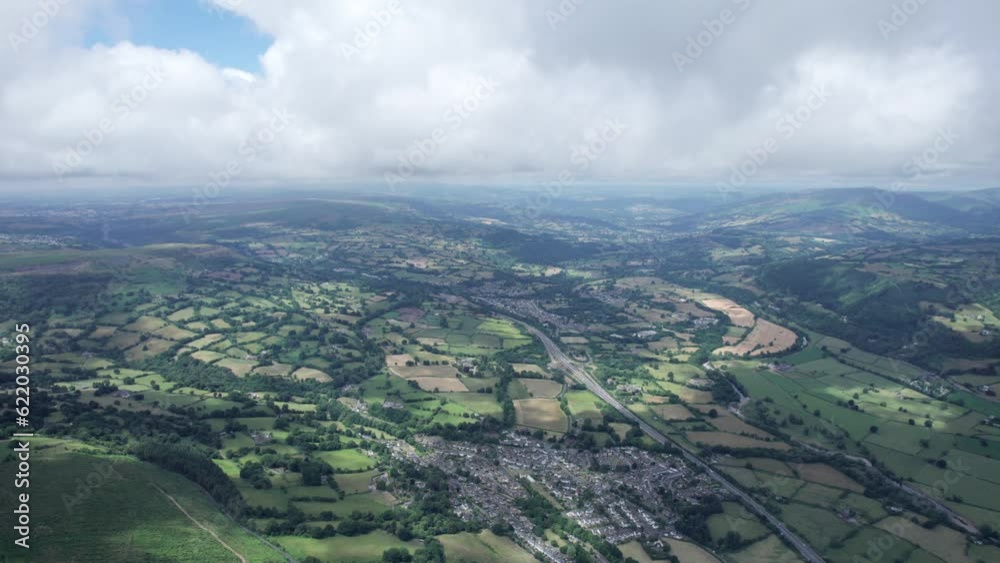 The beautiful aerial view, flying above the Blorenge, Abergavenny, Monmouthshire, Wales. Summer daytime The beautiful aerial view, flying above the Blorenge, Abergavenny, Monmouthshire, Wales. Summer daytime