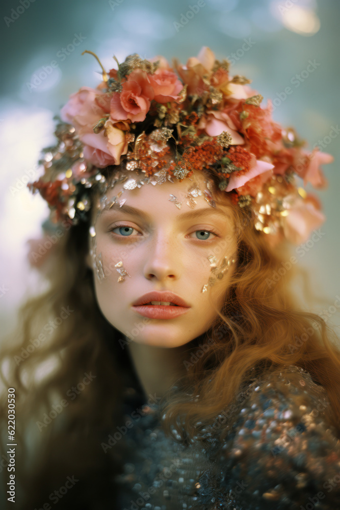 portrait of a woman/model/book character surrounded by flowers in daylight with a thoughtful expression in a fashion/beauty editorial magazine style film photography look - generative ai art portrait of a woman/model/book character surrounded by flowers in daylight with a thoughtful expression in a fashion/beauty editorial magazine style film photography look - generative ai art