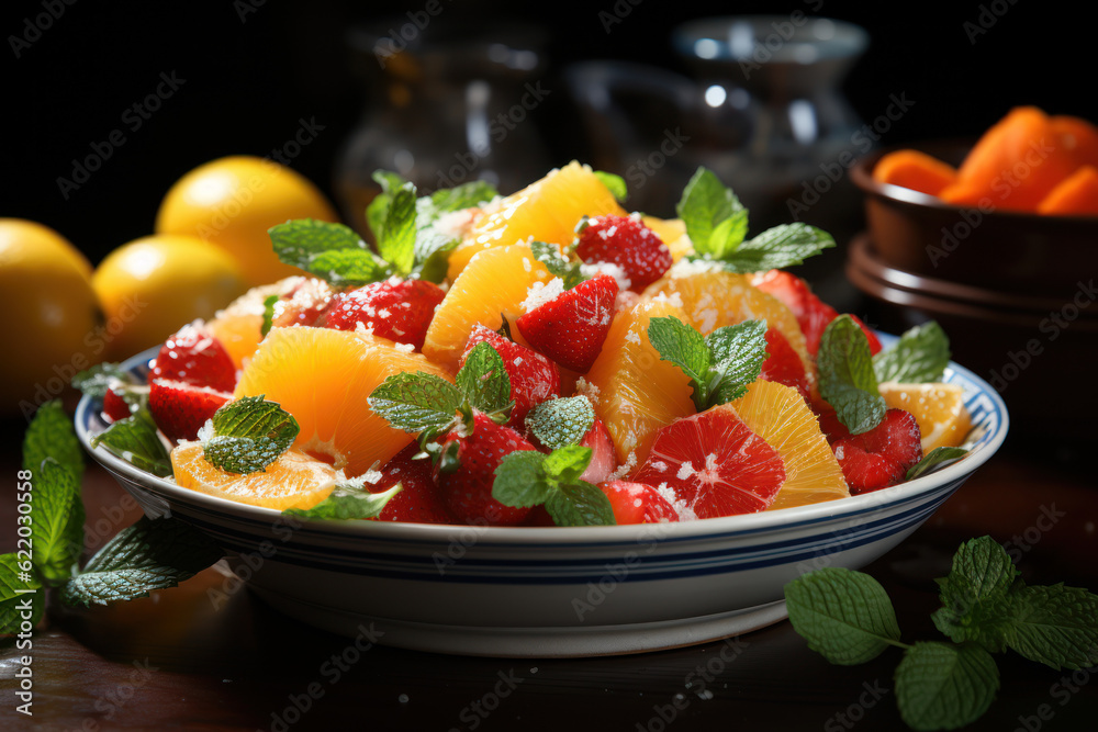 Refreshing Fruit Salad: Orange and Mint Delight on a Plate - Generative AI