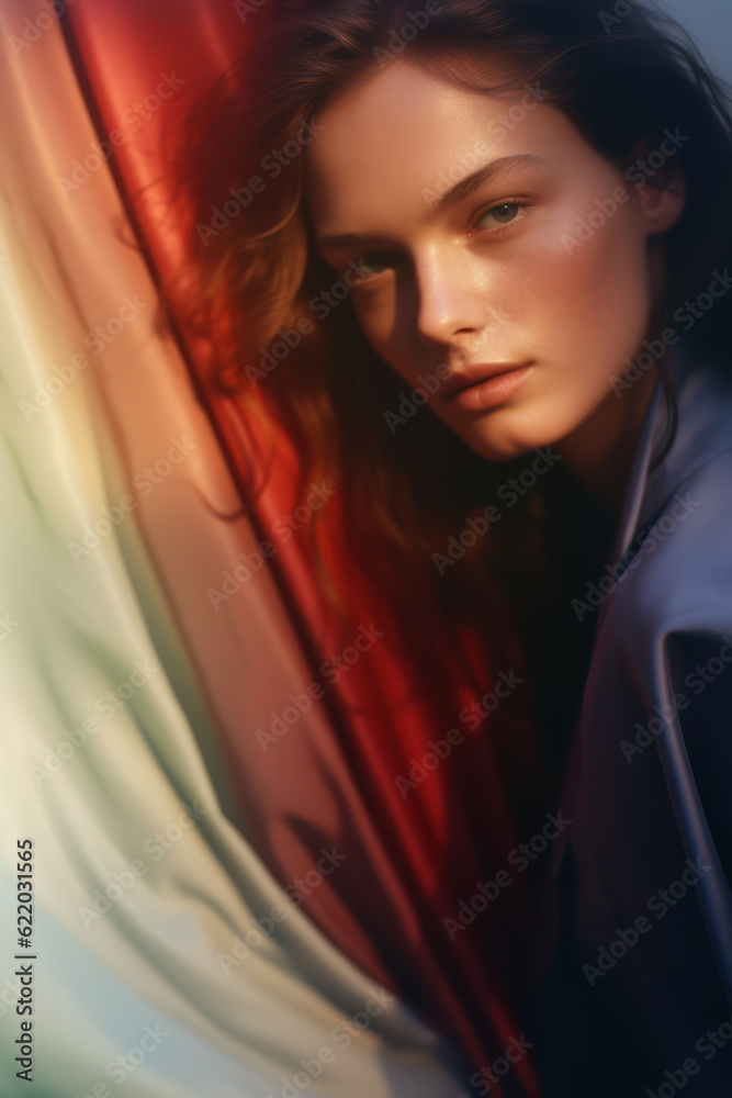 Naklejka premium portrait of a woman/model/book character with rainbow for lgbtq + awareness with thoughtful/sad expression in a fashion/beauty editorial magazine style film photography look - generative ai art