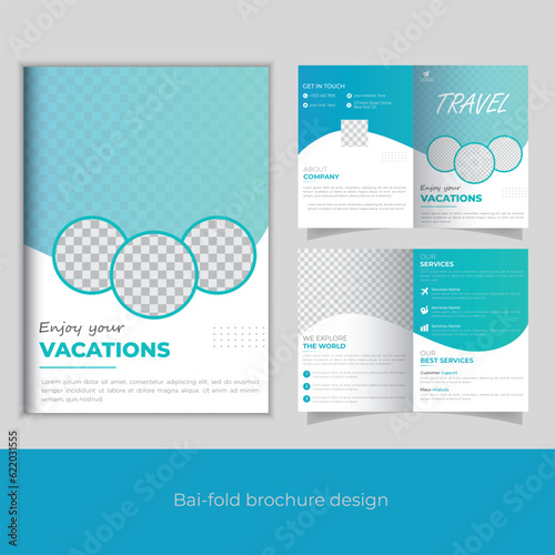 Creative travel bi fold brochure design template. Enjoy your vacation bi fold brochure design template in A4 size