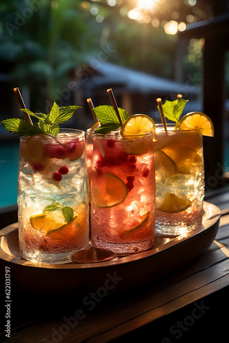 Summer cocktails with ice on tropical beach resort at sunset. Vacation and leisure concept. Generative AI.