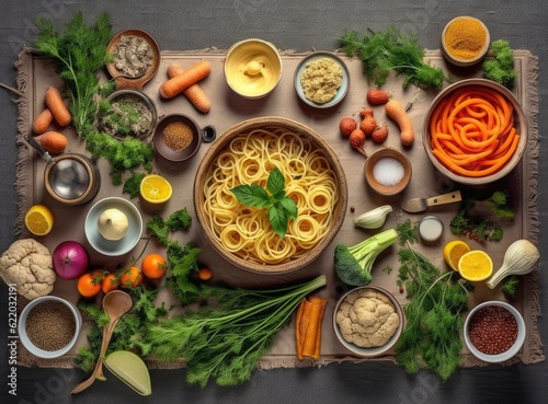 Fresh fish soup in bowl on black background, top view. Created with Generative AI technology.