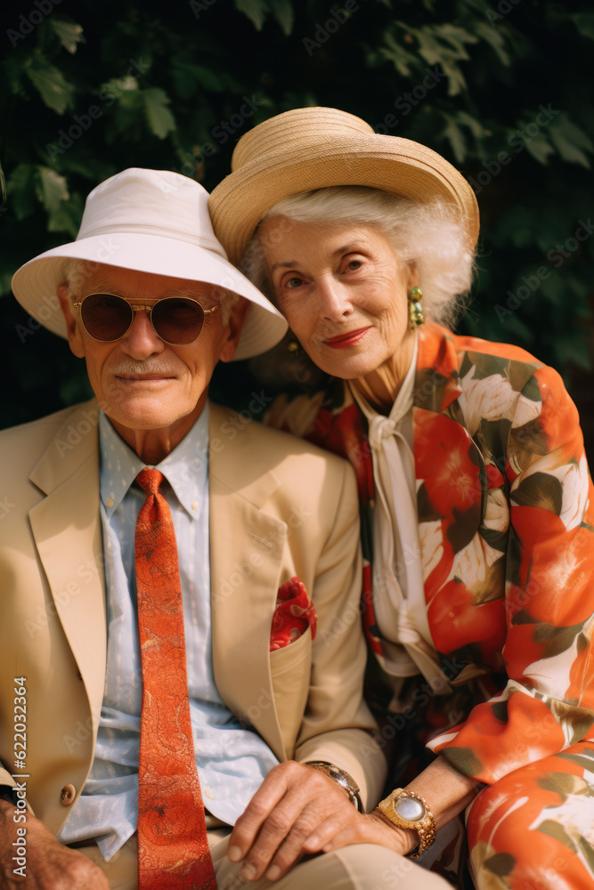 portrait of a an elderly couple bride/groom in trendy dress/suit with flowers happy grandparents fashion/beauty editorial magazine style film photography look - generative ai art