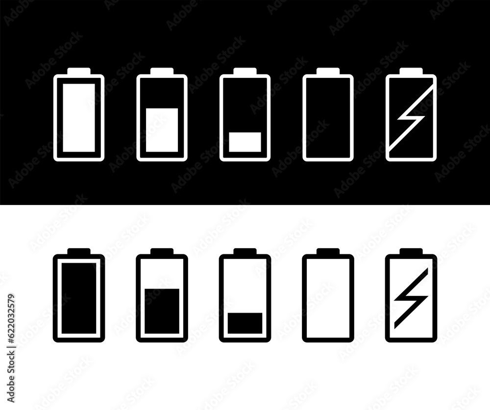 Battery charge icons collection. Phone battery level. Designation of the operating time of the device. Battery charge icons collection. Phone battery level. Designation of the operating time of the device.