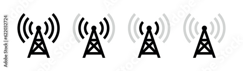 Communication tower icon. Antenna transmitting a signal. Symbol of radio, TV signal and mobile communications.