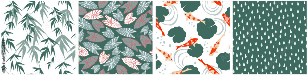 A set of seamless patterns with a natural summer oriental print. Fish in the water, branches with leaves, raindrops. Vector abstract simple graphics.