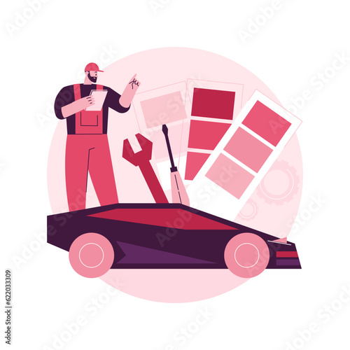 Car tuning abstract concept vector illustration. Racing car turbo tuning, auto body shop, vehicle music upgrade, automobile style and design, sports car repair service abstract metaphor.