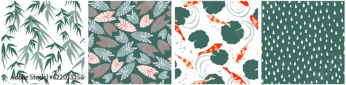 A set of seamless patterns with a natural summer oriental print. Fish in the water  branches with leaves  raindrops. Vector abstract simple graphics.