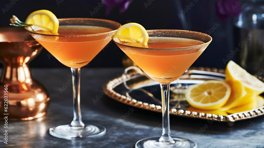 Drinks, cocktails and holiday party celebration recipe, citrus cocktail in martini glasses, generative ai Drinks, cocktails and holiday party celebration recipe, citrus cocktail in martini glasses, generative ai