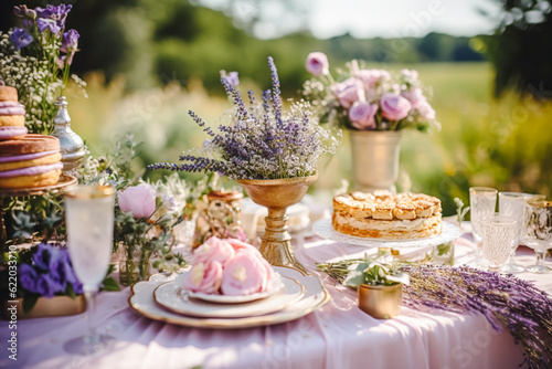 Dessert buffet table, food catering for wedding, party holiday celebration, lavender decor, cakes and desserts in a country garden, generative ai