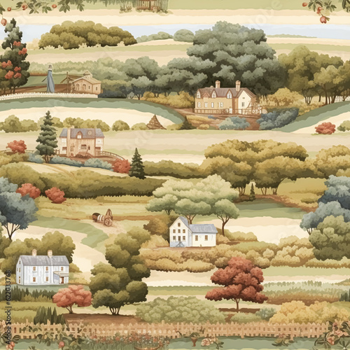 Seamless pattern, English country style print for wallpaper, wrapping paper, scrapbook, fabric and product design, countryside nature and landscape, generative ai