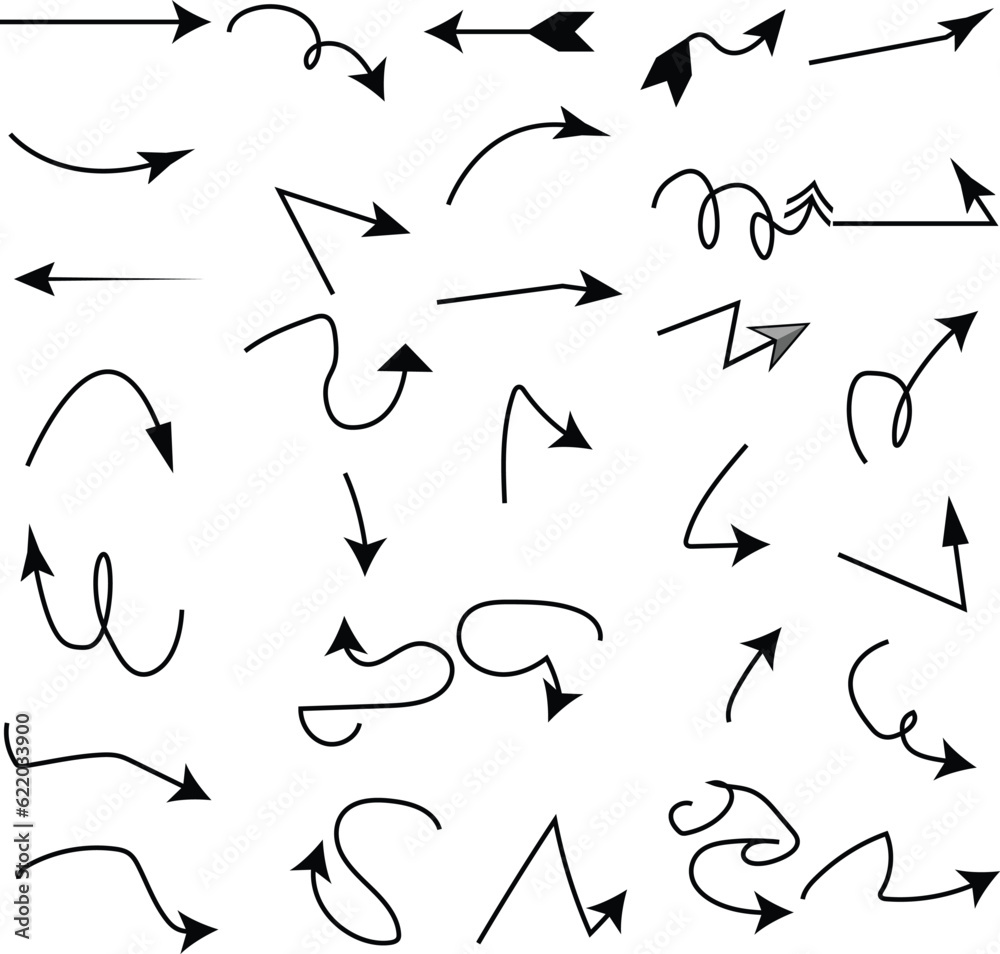set of hand drawn arrows .Vector doodle design elements. Elegant curved arrows set for business plan, presentation and education. Sign, Symbol, Hand drawn arrow collection