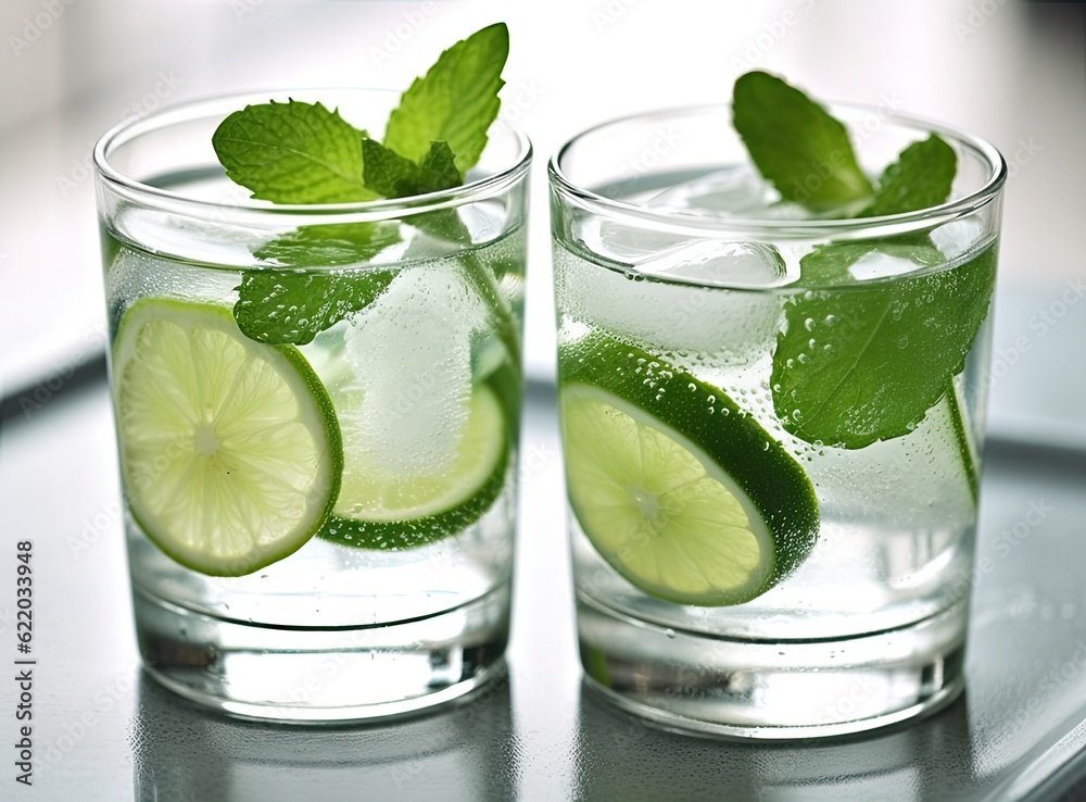 Organic cold refreshing lemonade drink or cocktail made of sparkling water, lime slices and fresh green mint leaves served in tall drinking glass Created with Generative AI technology. Organic cold refreshing lemonade drink or cocktail made of sparkling water, lime slices and fresh green mint leaves served in tall drinking glass Created with Generative AI technology.