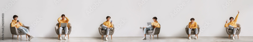 Asian Guy Using Laptop And Cellphone Expressing Different Emotions Indoor Asian Guy Using Laptop And Cellphone Expressing Different Emotions Indoor