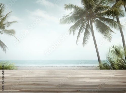 Empty wooden table and palm leaves with party on beach blurred background in summer time. Created with Generative AI technology.