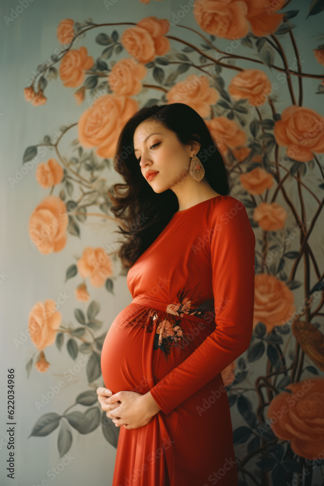 portrait of a pregnant woman/model/mother during pregnancy holding belly in a fashion/beauty editorial magazine style film photography look  - generative ai art