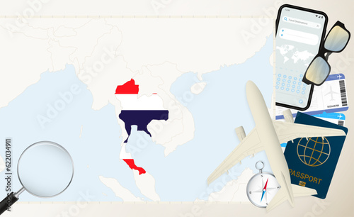 Thailand map and flag, cargo plane on the detailed map of Thailand with flag.