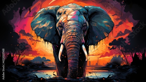 Mammoth Low Annoyed elephant graphic, synthwave, vivid colors, detailed wallpaper, generating ai © RWC