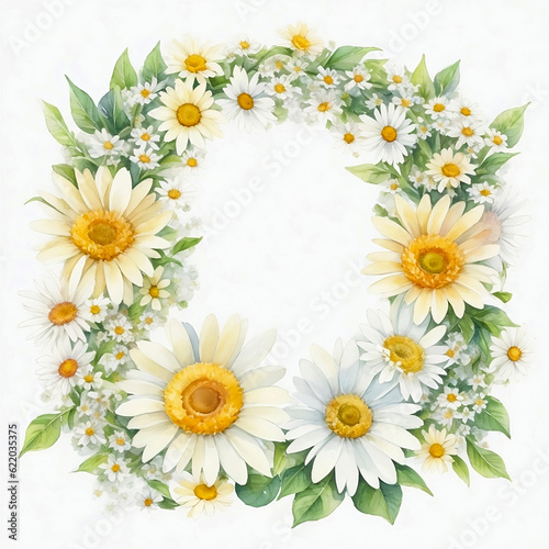Watercolor daisy floral frame illustration design on isolated white background created with Generative AI technology