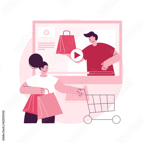 Shopping sprees video abstract concept vector illustration. Shopping mall video, spree haul content, fashion lifestyle channel, retail therapy, personal vlog, homemade marketing abstract metaphor.