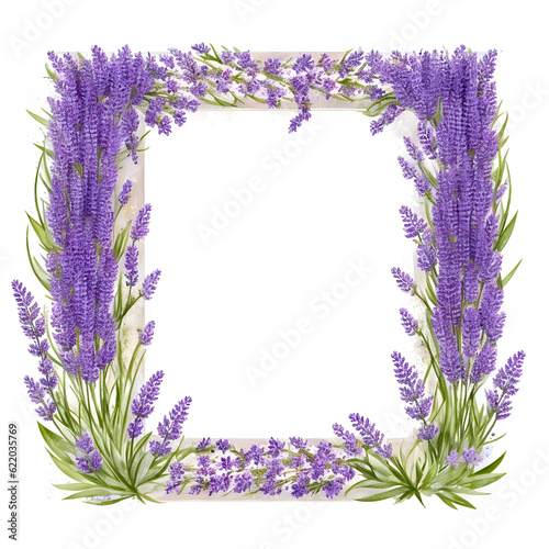 Watercolor lavender flowers floral square frame illustration design on isolated white background created with Generative AI technology