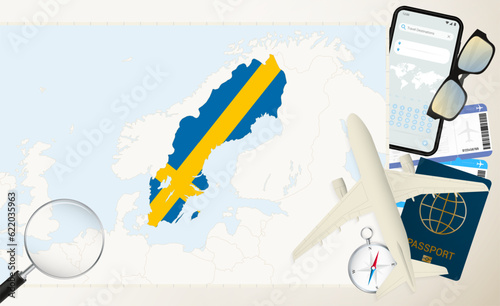 Sweden map and flag, cargo plane on the detailed map of Sweden with flag.