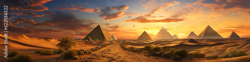 Fantasy panoramic view of ancient pyramids in desert at sunset  Egypt