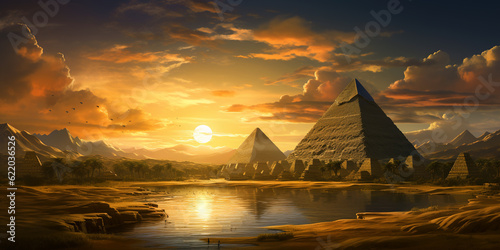 Egyptian landscape with Ancient pyramids, desert at sunset in past, fantasy view