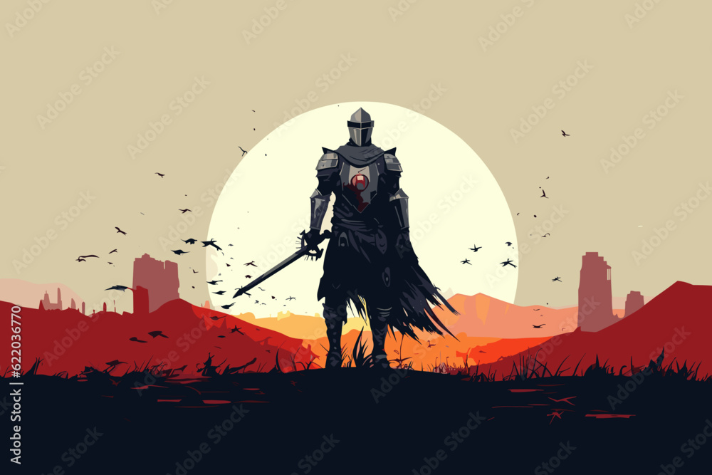 Hand-drawn cartoon Crusader at battlefield flat art Illustrations in