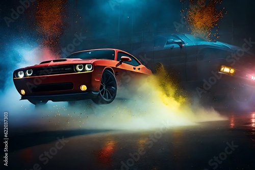 red car in the night, bright vibrant, gestural abstraction hyper-realistic manga paint ink splatter spatter, close up dodge challenger being chased by zombies, neon, mist, sparks, fog, god rays