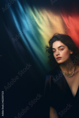 portrait of a woman/model/book character with rainbow for lgbtq + awareness with thoughtful/sad expression in a fashion/beauty editorial magazine style film photography look  - generative ai art