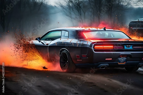 fire truck on the road, bright vibrant, gestural abstraction hyper-realistic manga paint ink splatter spatter, close up dodge challenger being chased by zombies, neon, mist, sparks, fog, god rays