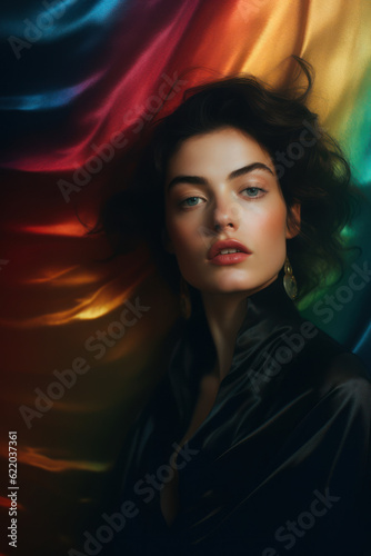 portrait of a woman/model/book character with rainbow for lgbtq + awareness with thoughtful/sad expression in a fashion/beauty editorial magazine style film photography look - generative ai art
