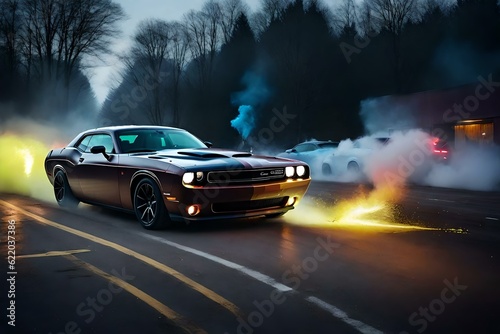 car driving in the city, bright vibrant, gestural abstraction hyper-realistic manga paint ink splatter spatter, close up dodge challenger being chased by zombies, neon, mist, sparks, fog, god rays