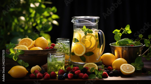 Preparation of Refreshing lemonade, whole and squeezed fruits, corrugated glasses, sprigs of mint, many details, and soft daylight.