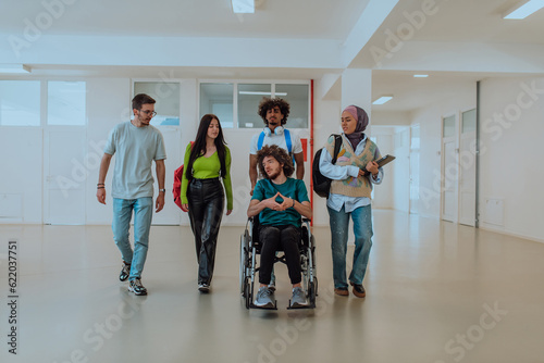 In a modern university, a diverse group of students, including an Afro-American student and a hijab-wearing woman, walk together in the hallway, accompanied by their wheelchair-bound colleague