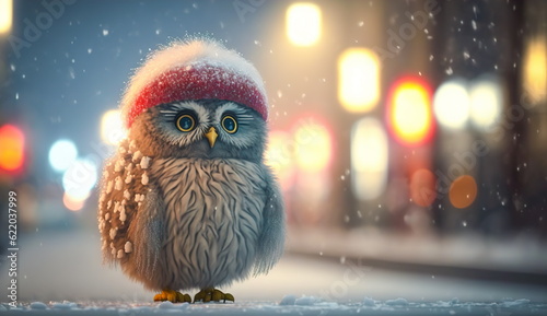 A funny cute owl in a Santa Claus hat stands on a snowy street under the snow against the background of colored lights.Generative AI