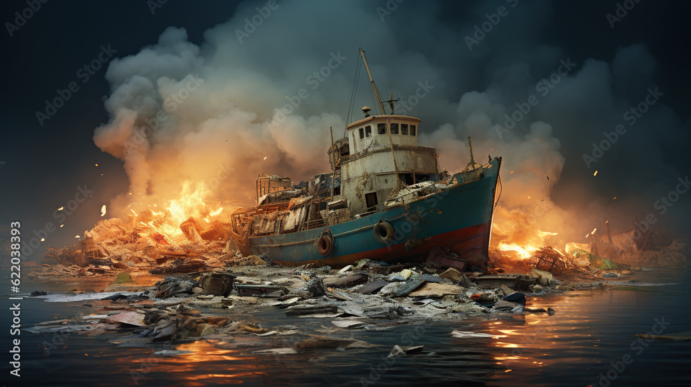 Fototapeta premium burning ship in the sea ai generated image