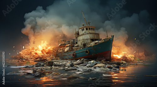burning ship in the sea ai generated image © Roman