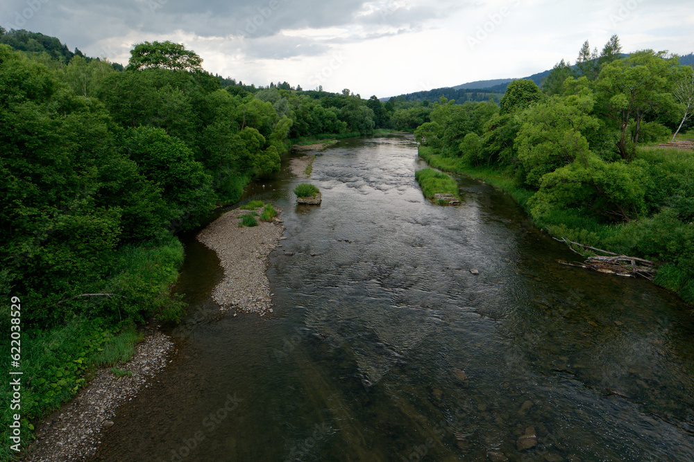 Krajobraz lata, zieleń i rzeka, pochmurne niebo. Bieszczady.