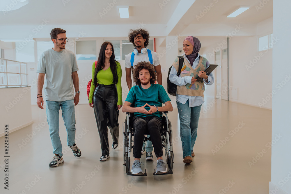Fototapeta premium In a modern university, a diverse group of students, including an Afro-American student and a hijab-wearing woman, walk together in the hallway, accompanied by their wheelchair-bound colleague