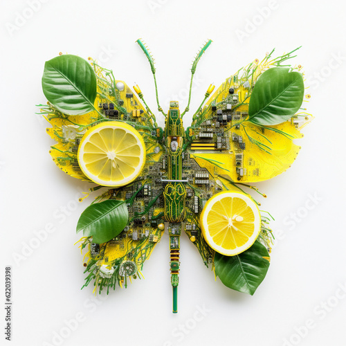 Beautiful Fusion: Butterfly-shaped Circuit Board with Lemon Slices and Green Leaves - Nature-tech, Organic Computer Component, Citrus-tech, Computer Chip Art, Eco-friendly Tech, Green Hardware